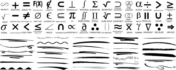 Mathematical symbol collection, including integrals, summation, square roots, and various calculus notations with stylish decorative underlines, lines, swirl borders, and brush stroke dividers
