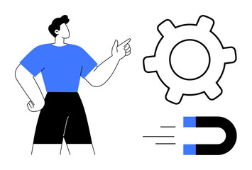 Person gestures towards a gearwheel and magnet, symbolizing teamwork, innovation, and attraction. Ideal for collaboration, strategy, mechanics, productivity, progress leadership flat simple