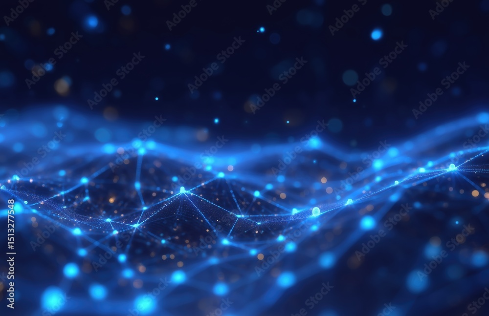 Poster Futuristic abstract dark background with glowing blue dots and digital connections symbolizing global network technology. Soft blur cyberspace data transfer concept as modern tech wallpaper.