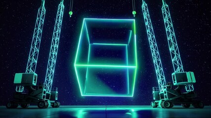 Futuristic Hologram Cranes Construct Digital Cube - Powered by Adobe