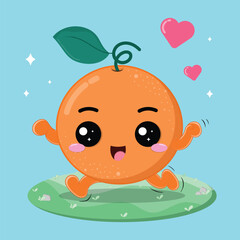 Happy And Cheerful Orange Fruit Cartoon Character Running In The Grassland