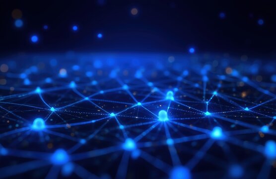 Futuristic abstract dark background with glowing blue dots and digital connections symbolizing global network technology. Soft blur cyberspace data transfer concept as modern tech wallpaper.