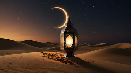 3D Render of Illuminated Arabic Lamp On Sand Dune And Realistic Crescent Moon. Islamic Religious Concept,generative.ai
