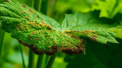 Decaying autumn leaf with fungal infection spots and spores, isolated on solid color. Nature cycle, decomposition process, organic matter breakdown, seasonal change concept.
