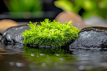 Moss on stones in water garden