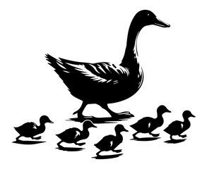A black and white silhouette of a duck and its following ducklings on a white isolated background. Vector graphics. EPS.