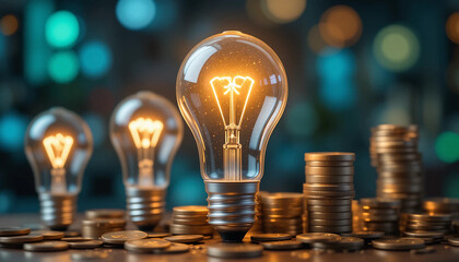 Light bulbs with stacks coins show rising energy prices. Electricity cost, inflation rate, power bill concept. Energy industry, market, financial investment, economic crisis, rising cost of living.