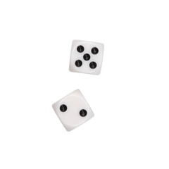 Top view of two white game dice isolated on a cut out PNG transparent background