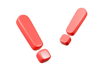3d exclamation mark icon. Minimal cartoon red exclamation mark sign. PNG transparent icon for graphic design. element for web UX and UI design. 3d render illustration.