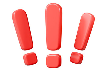 3d exclamation mark icon. Minimal cartoon red exclamation mark sign. PNG transparent icon for graphic design. element for web UX and UI design. 3d render illustration.