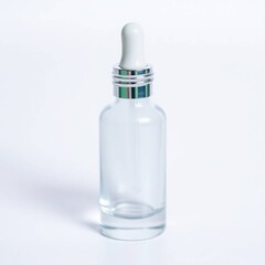 Clear glass dropper bottle with white tip and silver band