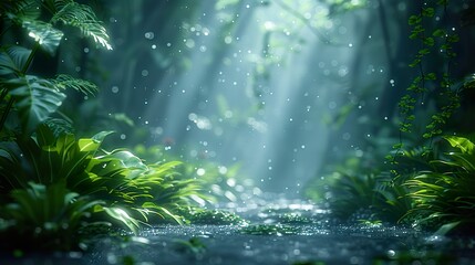 Naklejka premium Morning Forest Sunshine Through Trees with Greenery Nature Wallpaper Background
