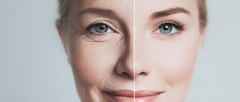 split face aging vs youthful skincare concept