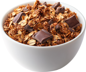 granola oat meal with chocolate and grains in white bowl 