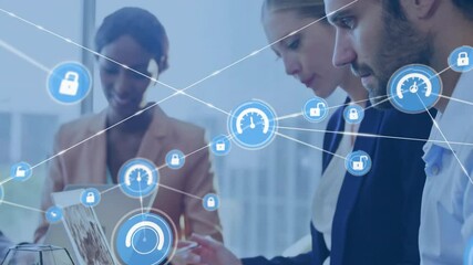 3 colleagues typing under translucent business network mesh forming as blue gauge icon fading in - Powered by Adobe