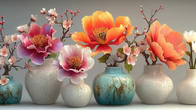 Elegant floral arrangements in decorative vases creating a vibrant and artistic display