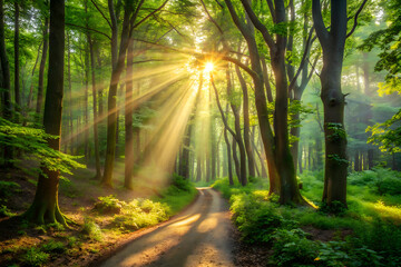 Fototapeta premium dense forest sunrays shining through trees 