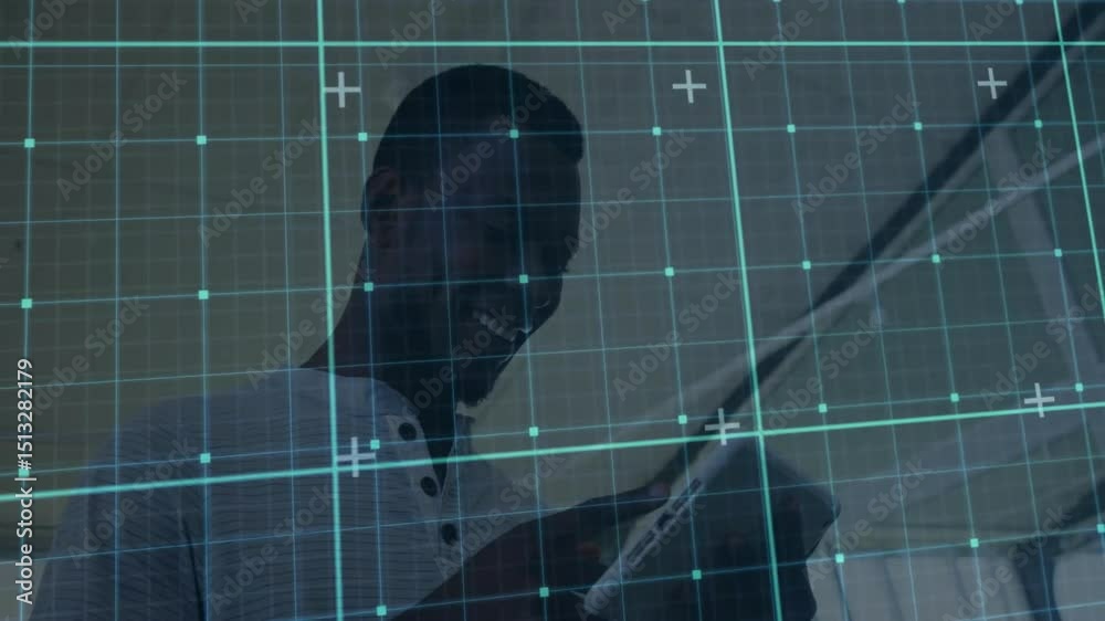 Poster man lifting tablet after grid overlay scanning torso, tapping twice and swiping for aligning data