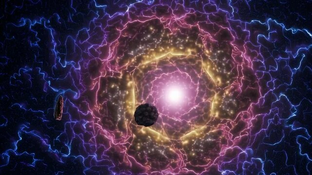 Starburst core from colliding galaxies surrounded by radiant gas shells and twisting plasma layers

