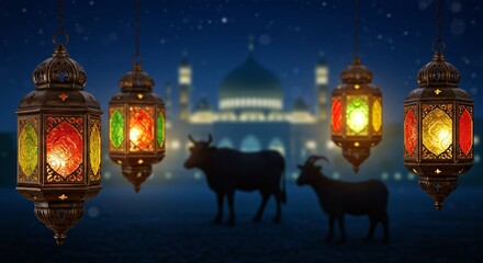 Obraz premium Eid al-Adha Celebrating Sacrifice, Community, and Faith with Festive Lights