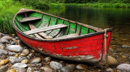 Weathered Red and Green Rowboat on Rocky Riverbank