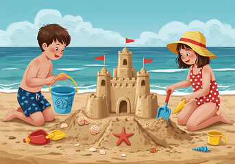 Kids Building a Majestic Sandcastle on a Sunny Beach Day