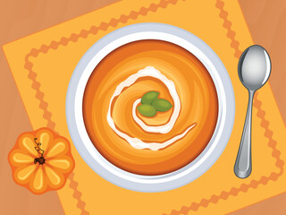 Pumpkin soup with cream and seeds top view vector illustration. Healthy vegetable soup on a wooden table above view vector. Bowl of pumpkin soup on the table drawing
