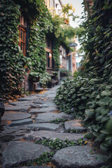 Fototapeta premium A serene and enchanting alleyway with a stone-paved path is flanked by buildings cloaked in lush ivy. The scene exudes tranquility, inviting viewers to imagine a peaceful escape.