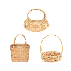 bamboo basket and dry Water hyacinth basket  Market Shopping three style isolated on white