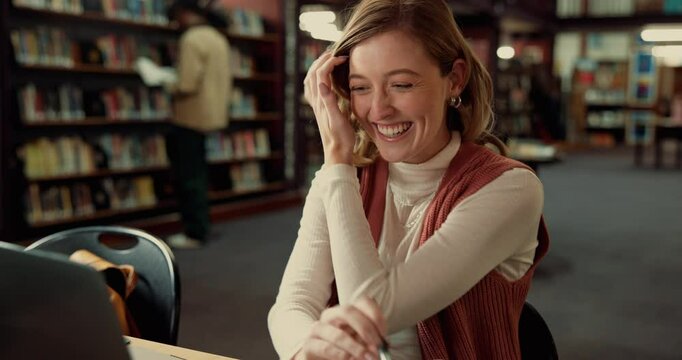 Woman, laptop and student in library, surprise and excited with email for scholarship. Shocked, university and happy person with computer, wow and omg with success, celebration and funding approval