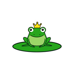 Green Frog Sitting on Lily Pad with Tiny Crown Flat vector illustration isolated on white background