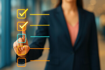 Business professional interacts with digital checklist interface, highlighting organization and efficiency in modern office environment