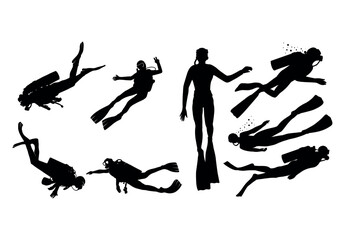 Black silhouette of scuba diving and free divers on a white background