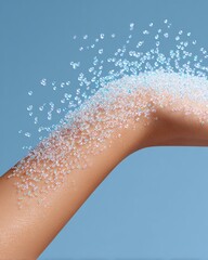 Fototapeta premium Micro-Exfoliating Scrub A close-up of an arm with sparkling droplets of water, conveying refreshment and beauty in a vibrant setting.