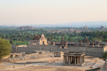 Virupaksha and Chandikesvara temple in Hampi, view from Hemakuta Hill, South India, historic monument of ancient Vijayanagara Empire, hinduism culture and religion