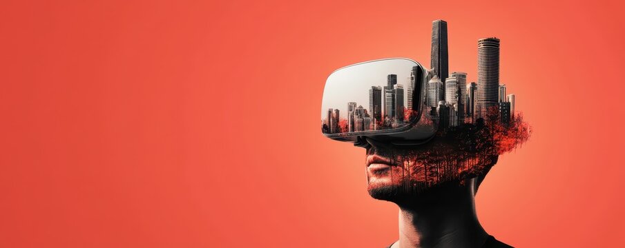 economy consumption innovation concept. A person wearing a VR headset with a cityscape emerging from their head against a vibrant background.