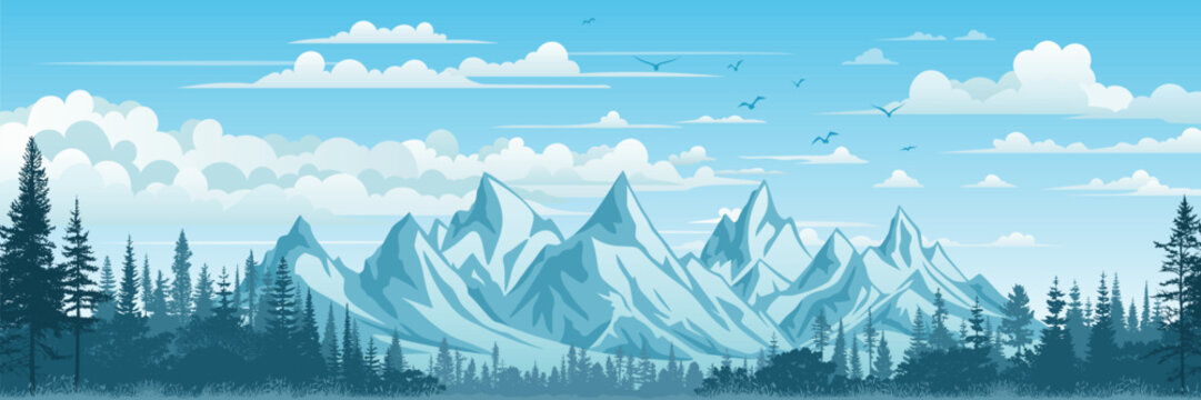 Mountain landscape with forest, snowy peaks, picturesque cloudy sky, vector illustration, panoramic view
