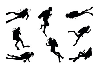 Black silhouette of scuba diving and free divers on a white background