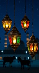 Obraz premium Eid al-Adha Festive Lanterns and Sacrificial Animals Silhouette