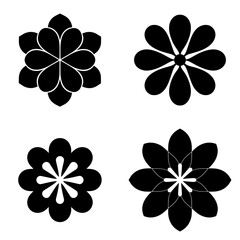A collection of four vector illustrations featuring black floral or geometric flower silhouettes. 