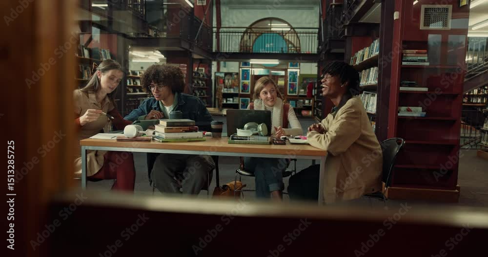 Poster education, studying and students in library, talk and deadline for assignment, tech and books. frien