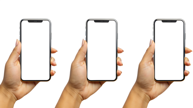 Three hands holding smartphones isolated on a white background png ai generated - Powered by Adobe