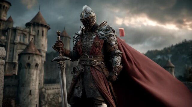 Armored knight standing guard with sword near a fortified medieval castle, wearing helm and red cloak with dark overcast sky
