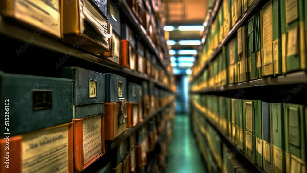 Poster narrow bookshelf with books in a library aisle