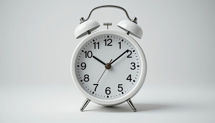 A white alarm clock with bells on top against a white background