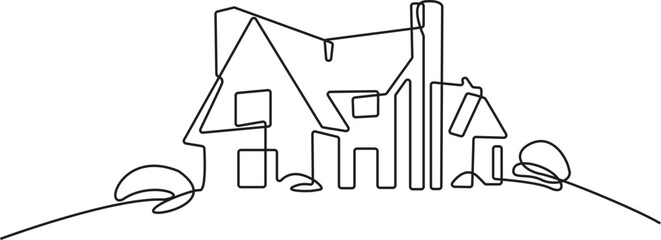 Country House Continuous Line Art Drawing. Simple House Hand Drawn Vector Art, Continuous One Line Drawing. Home Outline Drawing for Minimalist Design, Vector Illustration.