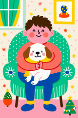 Fototapeta premium Boy cuddling puppy while sitting on green armchair at home - Concept of children's drawing 
