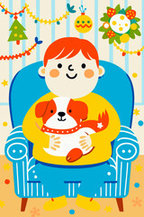Naklejka premium Young boy sitting in a chair holding a dog with festive decorations 