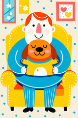 Naklejka premium Happy man embracing dog while sitting on a cozy yellow armchair 