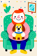 Person holding a dog while sitting on a couch at home, concept of children's drawing  